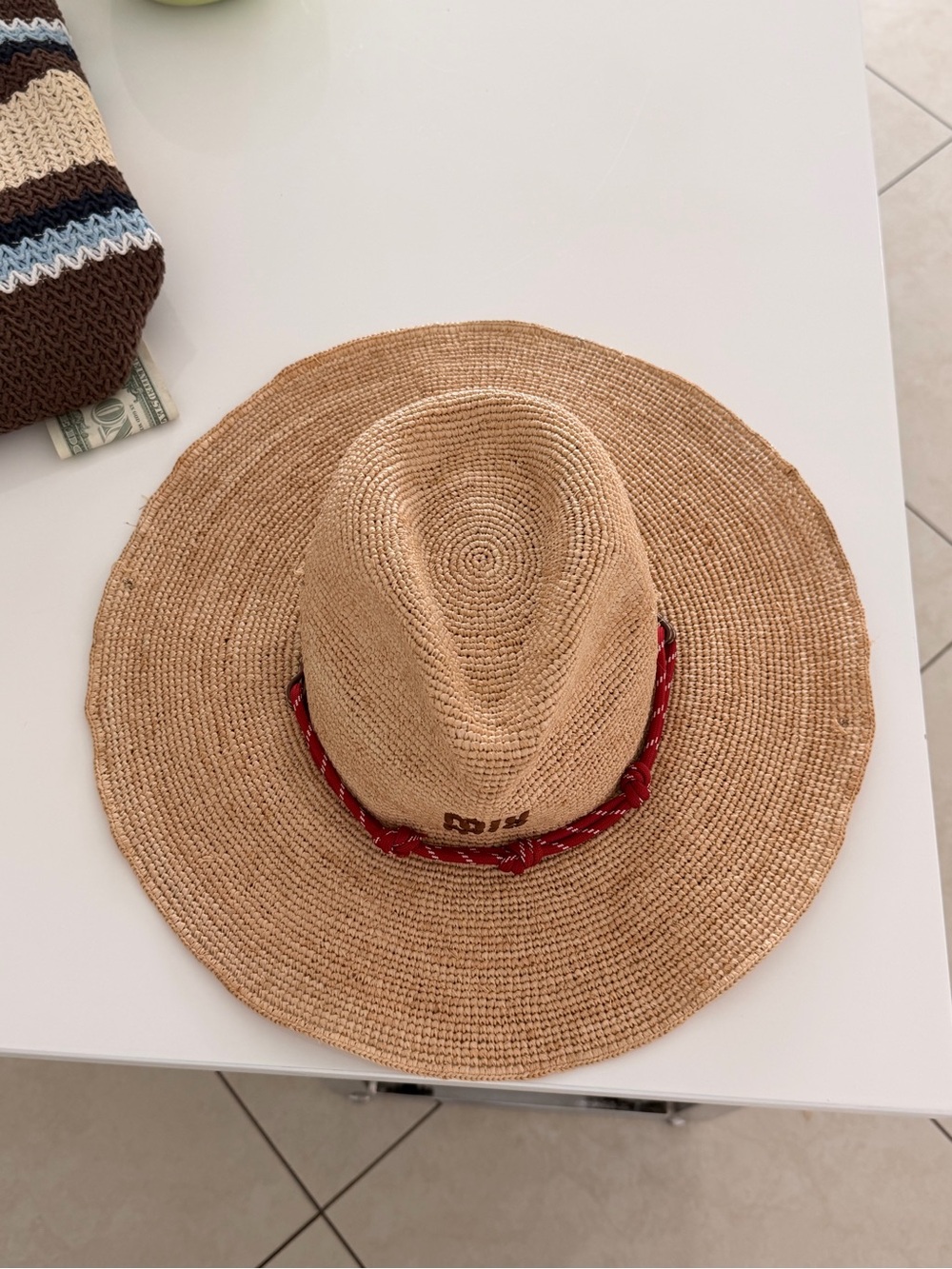 Miu Miu Straw Wide-Brim Hat with Red Band - Picture 2 of 3